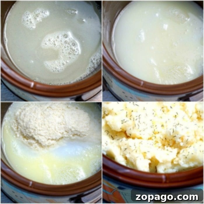 Creamy Slow Cooker Mashed Potatoes 7 Stages of cooking diced potatoes in a slow cooker: raw, partially cooked, butter added, and fully mashed.