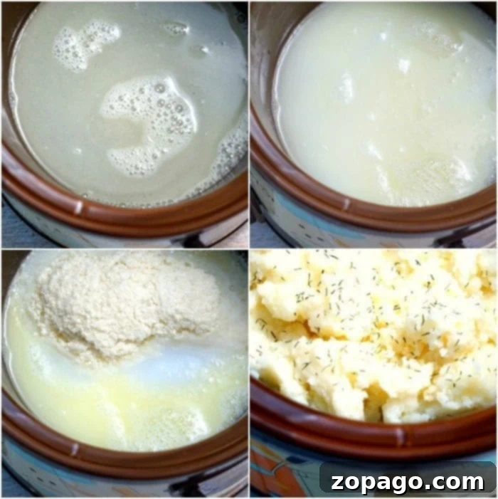 Set-It-And-Forget-It Mashed Potatoes 4 Stages of cooking grits, similar to slow cooker mashed potatoes preparation.
