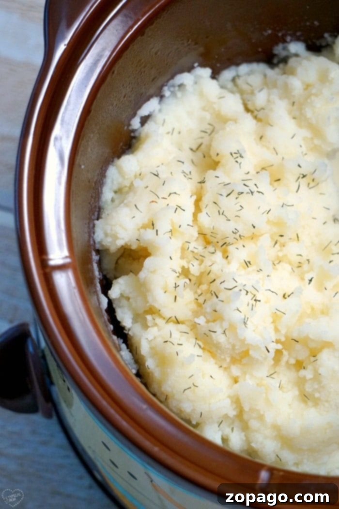 Creamy Slow Cooker Mashed Potatoes 8 A large pot of perfectly cooked slow cooker mashed potatoes, ready for a family meal.