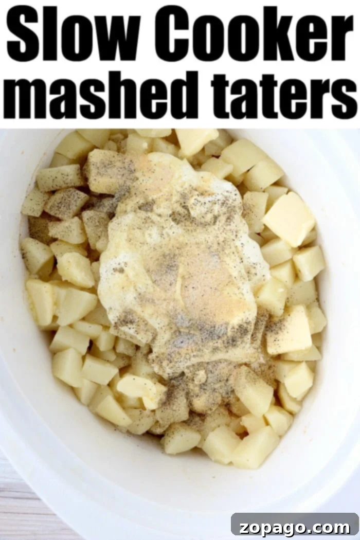 Crockpot mashed potatoes are the perfect side dish served year round and during the holidays. Fluffy and buttery made in your Crockpot and kept warm. #mashedpotatoes #slowcookerpotatoes #crockpotpotatoes #potatoes #crockpotrecipes Make ahead mashed potatoes in a slow cooker, topped with chives.