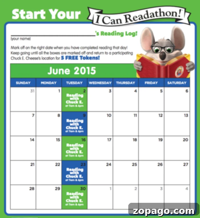 Chuck E. Cheese Reward Calendars for Free Tokens Chuck E. Cheese Reading Program Calendar