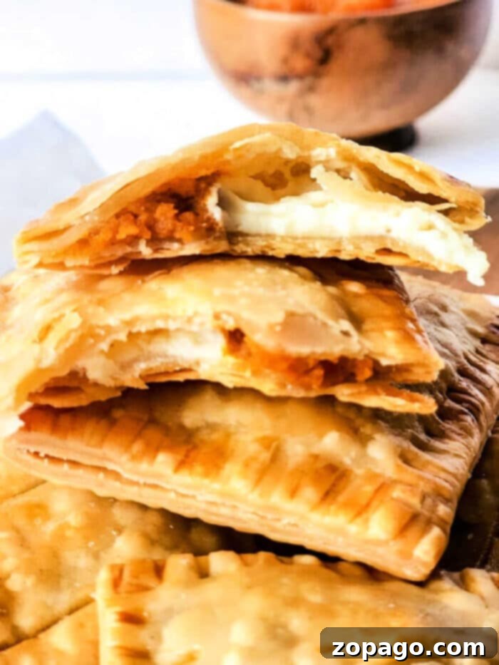 Golden, flaky Air Fryer Pumpkin Hand Pies with a spiced pumpkin filling spilling out, ready to be enjoyed.