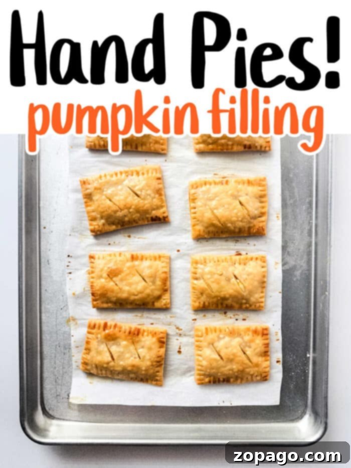 Close-up of three mini pumpkin hand pies, showing the flaky crust and delicious filling.