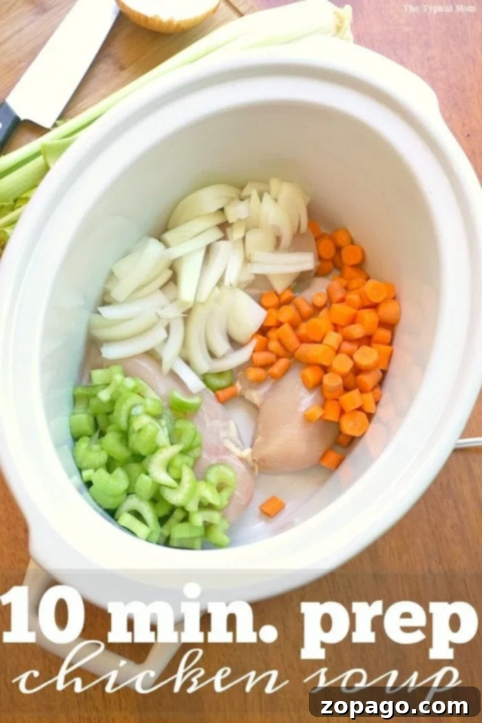 Hearty Crockpot Chicken Noodle Soup Another view of the delicious chicken noodle soup in a crockpot, steaming and ready to be served.