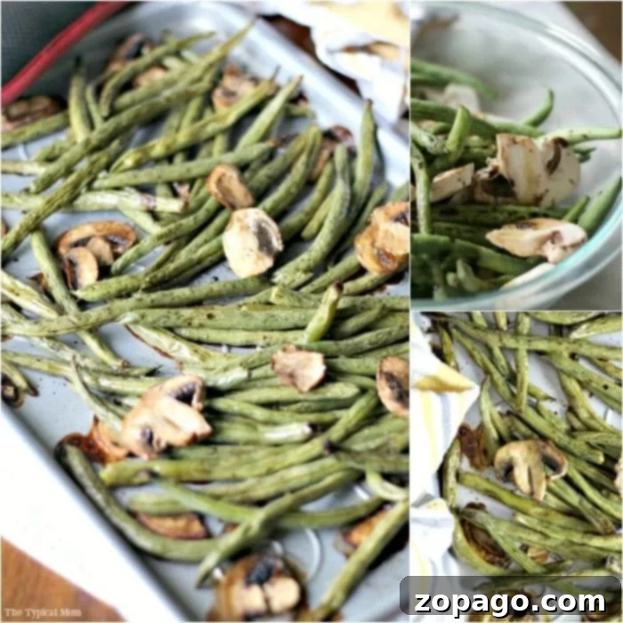 Crispy Sheet Pan Green Beans 3 Best baked green beans recipe you will ever try that is healthy and so easy to make, served on a white plate with roasted chicken.