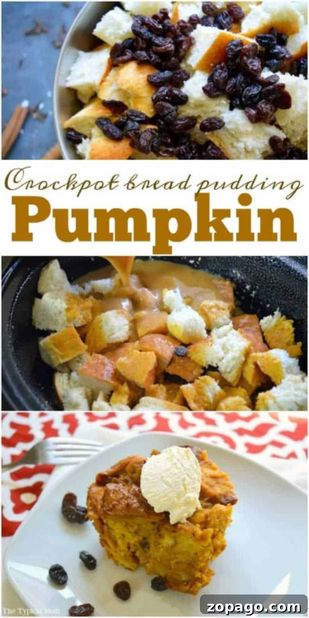 Crockpot bread pudding with raisins and sauce, served in a crockpot and on a plate with a scoop of vanilla ice cream, ready for a delightful experience.