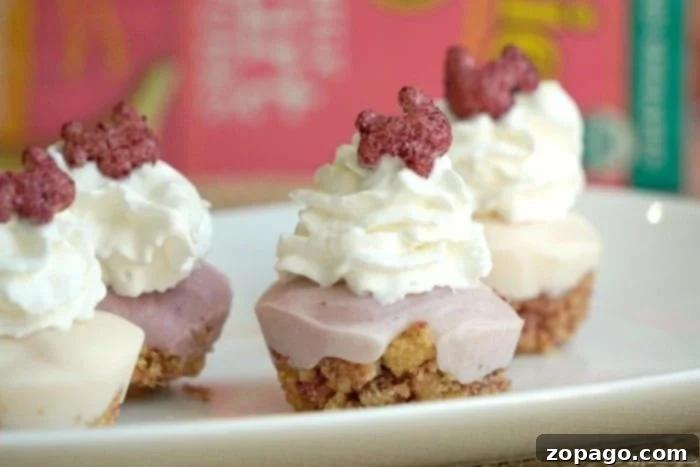 Froyo Cupcake Delights 5 A finished plate of mini frozen yogurt cupcakes, garnished with whipped cream and individual cereal bunnies, ready for serving.