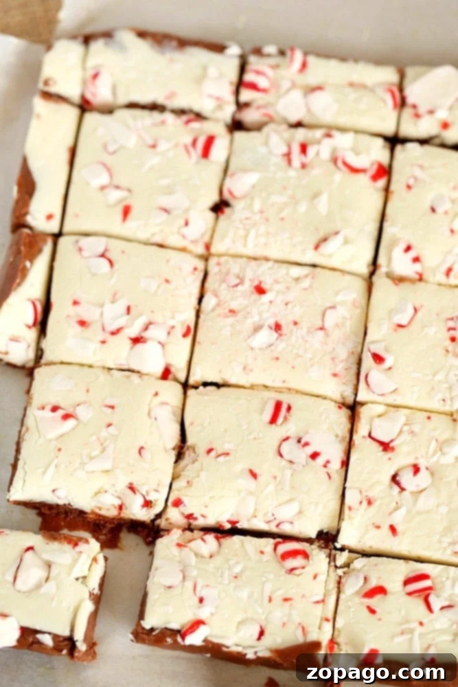 Festive Layered Peppermint Fudge: A Holiday Must-Have A tray of freshly made layered peppermint fudge with semi-sweet and white chocolate, adorned with crushed peppermint, ready for serving.