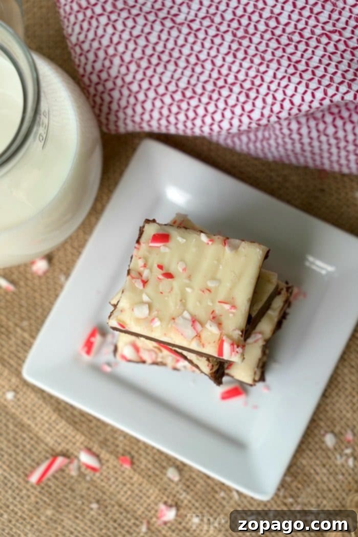 Perfectly Sliced Easy Peppermint Fudge Squares Easy peppermint fudge squares, perfectly cut and arranged, highlighting the distinct dark and white chocolate layers.