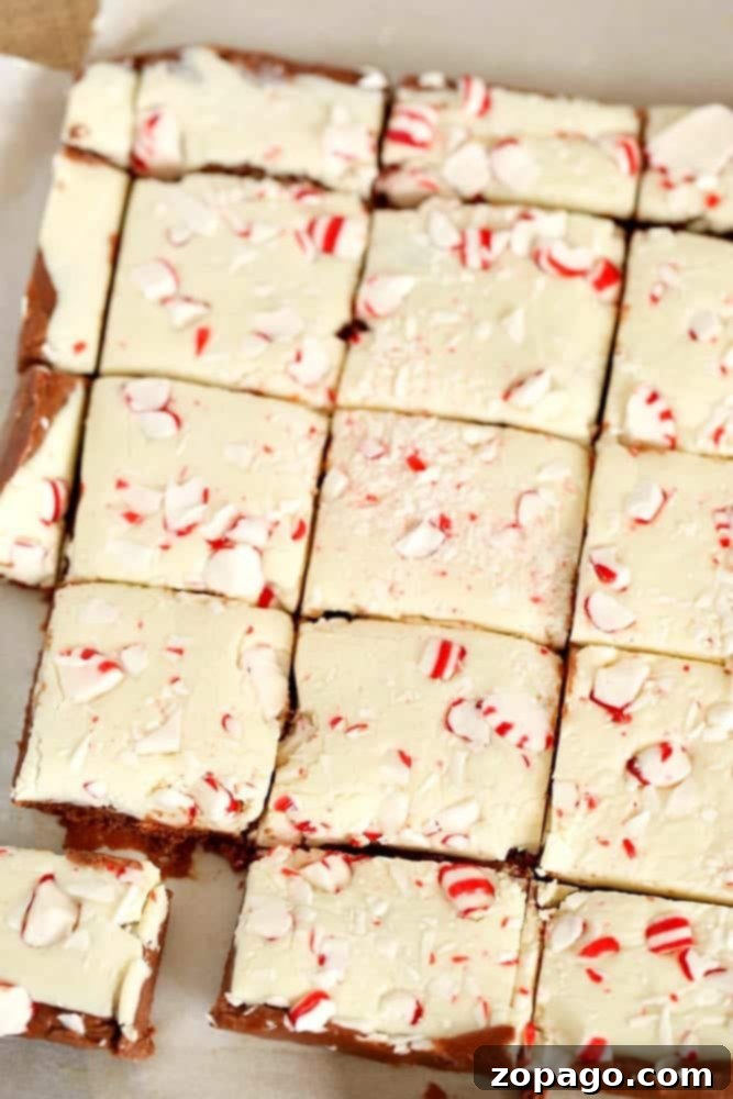 Irresistible Microwave Peppermint Fudge: A Holiday Indulgence An enticing close-up of microwave peppermint fudge, emphasizing its creamy texture and the vibrant specks of crushed candy cane.