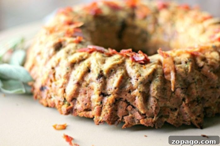 Mastering Stuffing in a Bundt Pan 3 A close-up of golden-brown bundt pan stuffing on a serving platter, showing off its crispy crust.