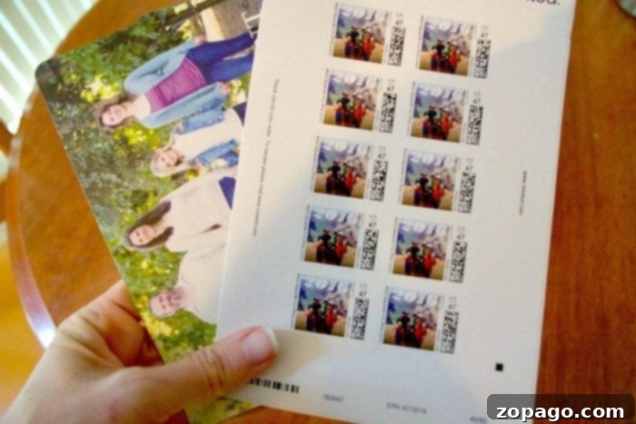 Minted holiday cards are my favorite!! Here are Minted promo codes to save money on your order and why they are our favorite place to order Christmas cards. #minted #couponcode #christmascards #holidaycards #familypictures Personalized postage stamps from Minted, featuring a family photo from Zion National Park, adding a unique touch to holiday mail.