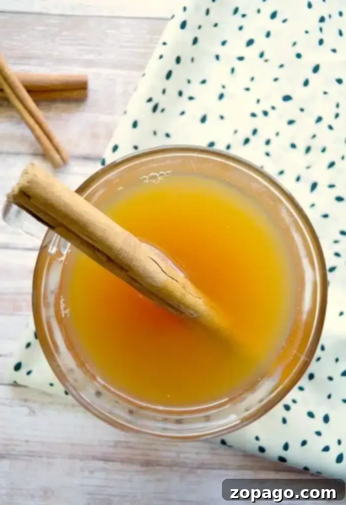 Crockpot hot apple cider is amazing, especially during the holidays! This one is so easy to make and stays warm for hours in the slow cooker! #crockpot #slowcooker #apple #cider #hot #drinks #applecider Top view of a crockpot hot apple cider in a glass, adorned with a cinnamon stick. The drink rests on a wooden surface beside a white cloth with green dots, while another cinnamon stick peeks onto the table.