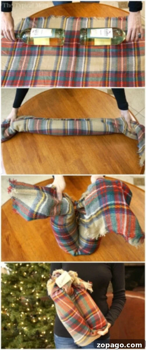 How to Wrap a Wine Bottle with a Scarf 3 A step-by-step guide on how to gift wine bottles in a scarf: lay the bottles on a plaid blanket, roll them snugly, twist the ends securely, and fold upwards. The final image shows a person proudly holding the wrapped bottles by a decorated Christmas tree.