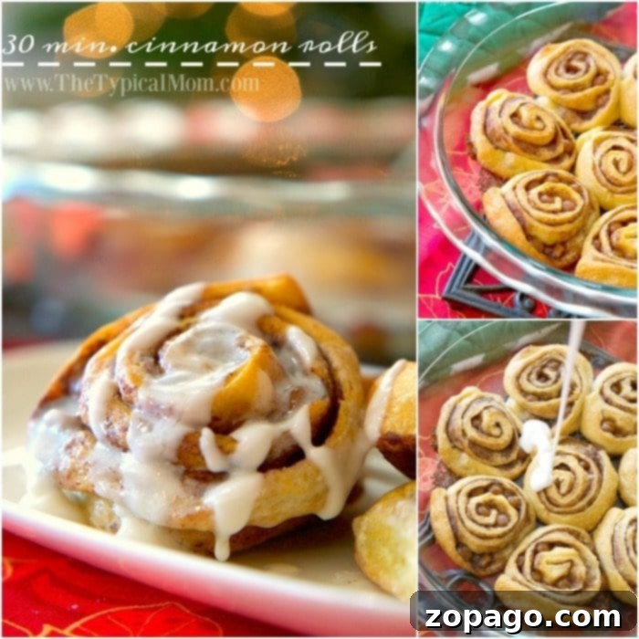 Close-up of Crescent Roll Cinnamon Rolls on a plate and in a baking dish, with icing being drizzled on top.