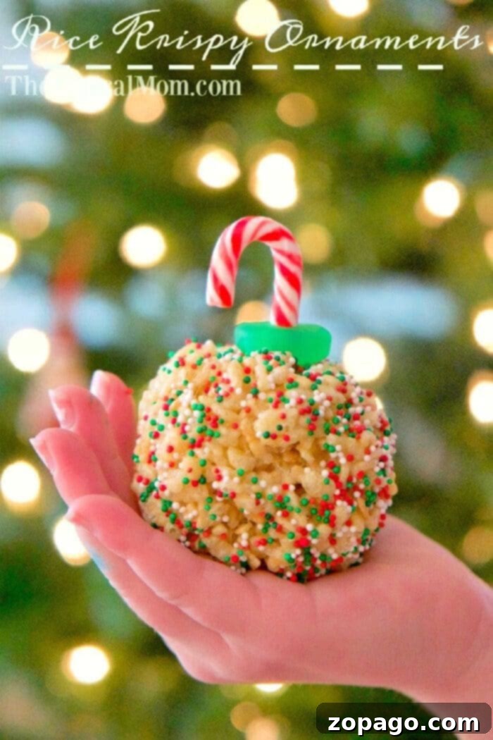 Delightful Rice Krispy Treat Ornaments: Easy No-Bake Christmas Dessert for the Holiday Season Festive Rice Krispy Treat Ornaments decorated with sprinkles and candy canes, ready for Christmas.
