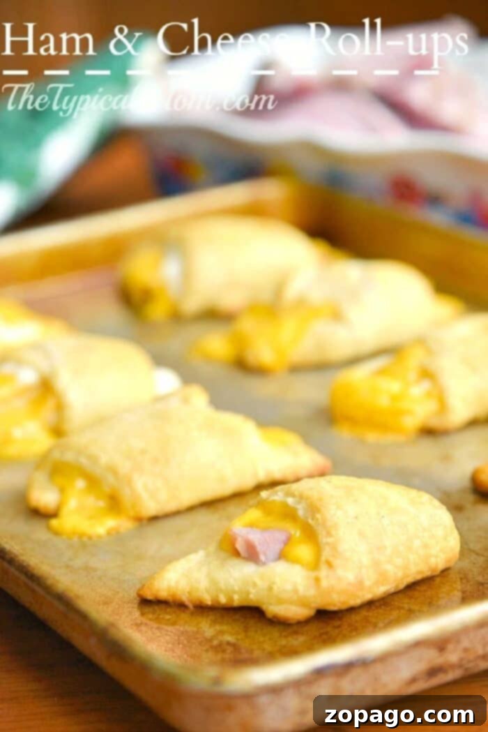 Baked Ham and Cheese Crescent Roll-Ups 2 Golden brown baked ham and cheese roll ups on a baking sheet, ready to be served, highlighting their crispy edges and melted cheese.