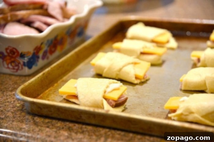 Baked Ham and Cheese Crescent Roll-Ups 4 Close-up of freshly baked ham and cheese roll ups, showing the golden brown crescent dough and a hint of melted cheese peeking out.