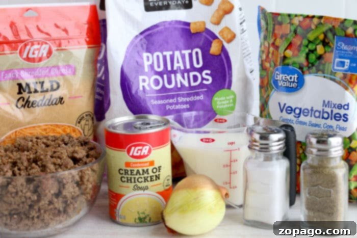 Slow Cooker Creamy Mushroom Tater Tot Casserole 4 Essential ingredients for a delicious and easy tater tot casserole recipe.