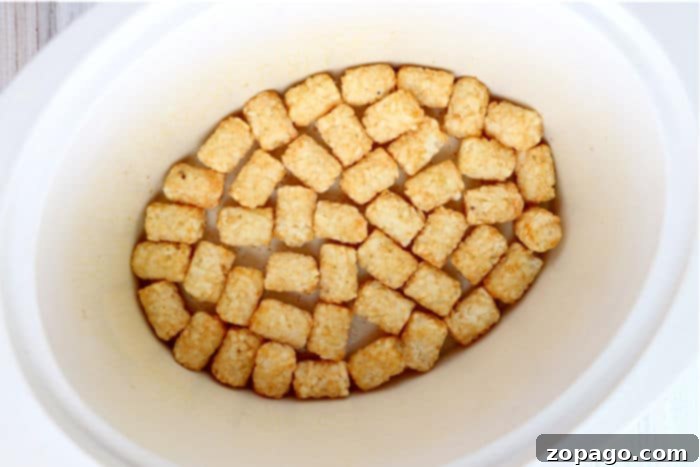 Slow Cooker Creamy Mushroom Tater Tot Casserole 5 Close-up of frozen tater tots, ground beef, and other key ingredients neatly arranged and ready for assembly in a crock pot tater tot recipe.