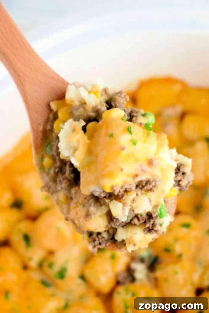 Slow Cooker Creamy Mushroom Tater Tot Casserole 9 A serving of Crock Pot Tater Tot Casserole with Cream of Mushroom, topped with melted cheddar cheese.