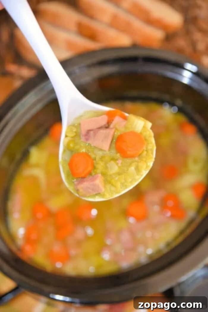Crockpot Split Pea Soup: An Easy and Healthy Recipe with Ham A warm bowl of slow cooker split pea soup with ham, garnished with fresh herbs, ready to be served.