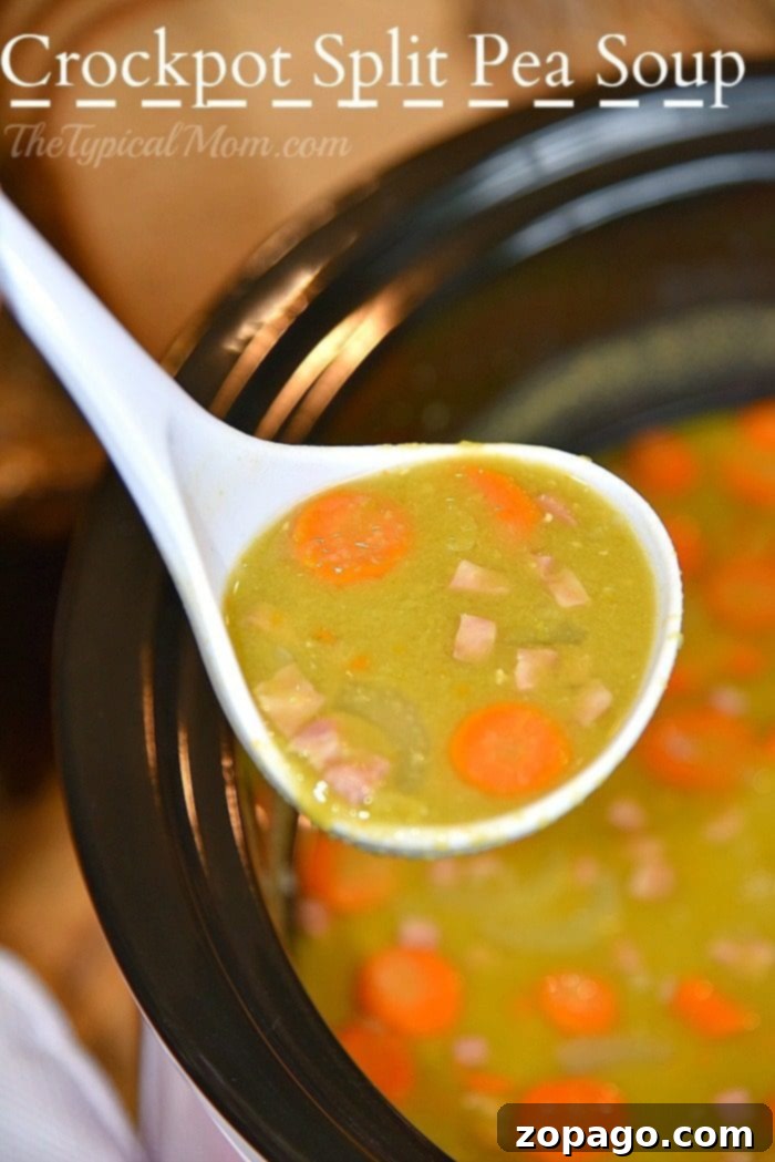Crockpot Split Pea Soup: Your Go-To Healthy Ham Recipe A serving of slow cooker split pea soup with ham in a white bowl, ready for enjoyment.