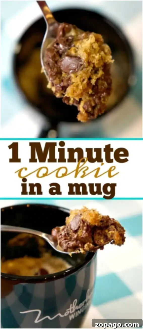 How to make a chocolate chip cookie in a mug without egg! An enticing close-up of a chocolate chip cookie in a mug, showcasing its perfect texture and rich chocolate, highlighting its egg-free recipe.