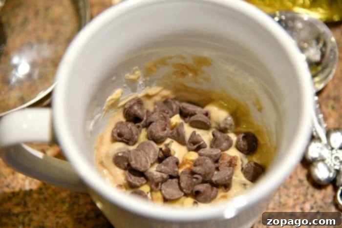 This chocolate chip cookie in a mug takes just one minute to cook perfectly in the microwave. It's the best easy, single-serving dessert for your sweet tooth. No sharing needed! ;) #chocolatechip #chocolate #cookie #mug #dessert #microwave #one #minute #easy #best A delightful chocolate chip cookie in a mug, brimming with gooey dough and rich chocolate chips, sitting invitingly on a kitchen counter.
