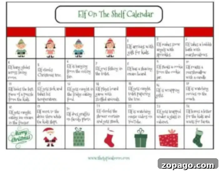 Elf Adventure Planner 2 The Elf on the Shelf calendar features a daily activity chart adorned with charming illustrations of elves and Christmas delights. Activities include baking, crafting gifts, playful games, and Santa preparations. Each date, from 1 to 24, unveils a new festive adventure with your elf companion, making holiday mornings magical.