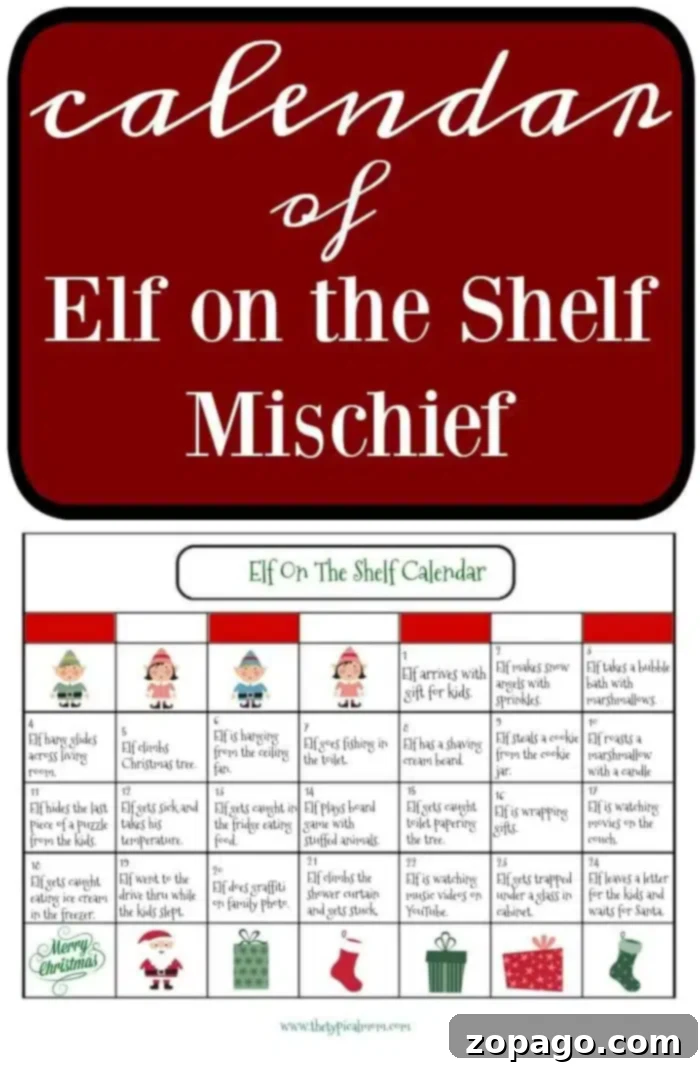 Elf on the shelf calendar for December. #elfontheshelf #calendar #christmascalendar The image presents an elf on the shelf calendar titled 'Elf on the Shelf Mischief'. It offers daily playful activities for elves, complete with charming illustrations of elves in diverse costumes. The header stands out with a vibrant red background and crisp white text, promising delightful holiday antics.
