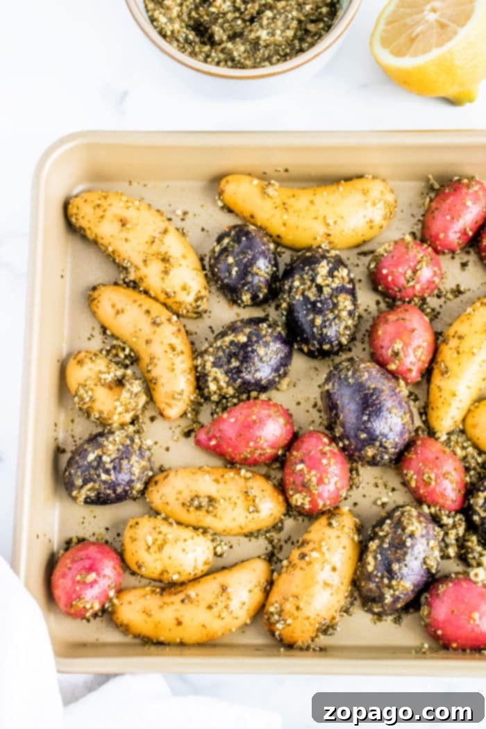 Flavorful Pesto Potatoes 4 Roasted Pesto Potatoes served in a bowl, garnished with fresh basil, showcasing their vibrant color and inviting texture.