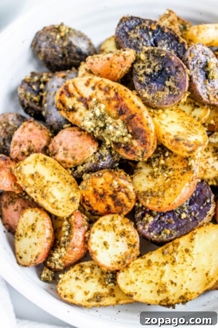Flavorful Pesto Potatoes 5 A serving of roasted pesto potato medley on a white plate, highlighting the diverse colors of the potatoes.