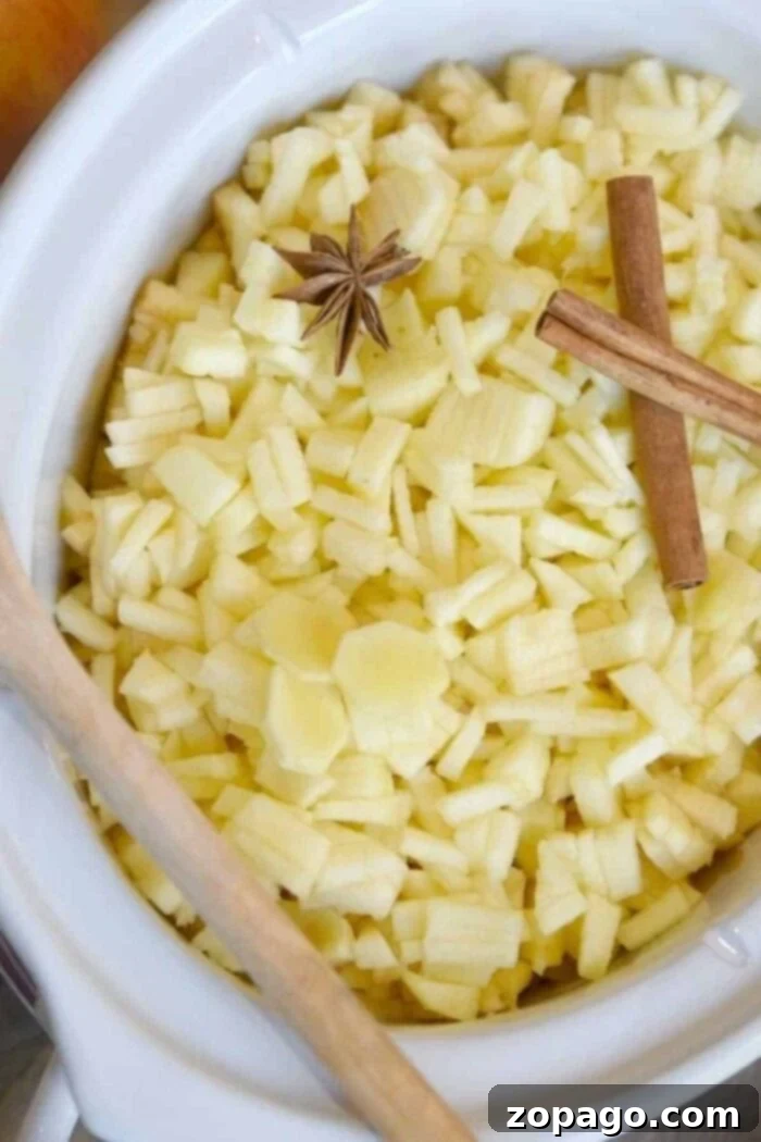 Slow cooker apple butter! So easy to make and super delicious on toast and even pork chops. You've got to try this homemade apple butter recipe. #slowcooker #crockpot #applebutter #homemade #crockpotrecipes A white bowl filled with diced apples, ready to transform into slow cooker apple butter. A star anise and a cinnamon stick are placed on top of the apples, while a wooden spoon rests on the edge of the bowl.