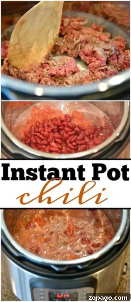 Speedy Instant Pot Chili 4 A visual sequence demonstrating the preparation of Instant Pot chili, from browning ground beef to combining all ingredients for a rich, flavorful simmer.