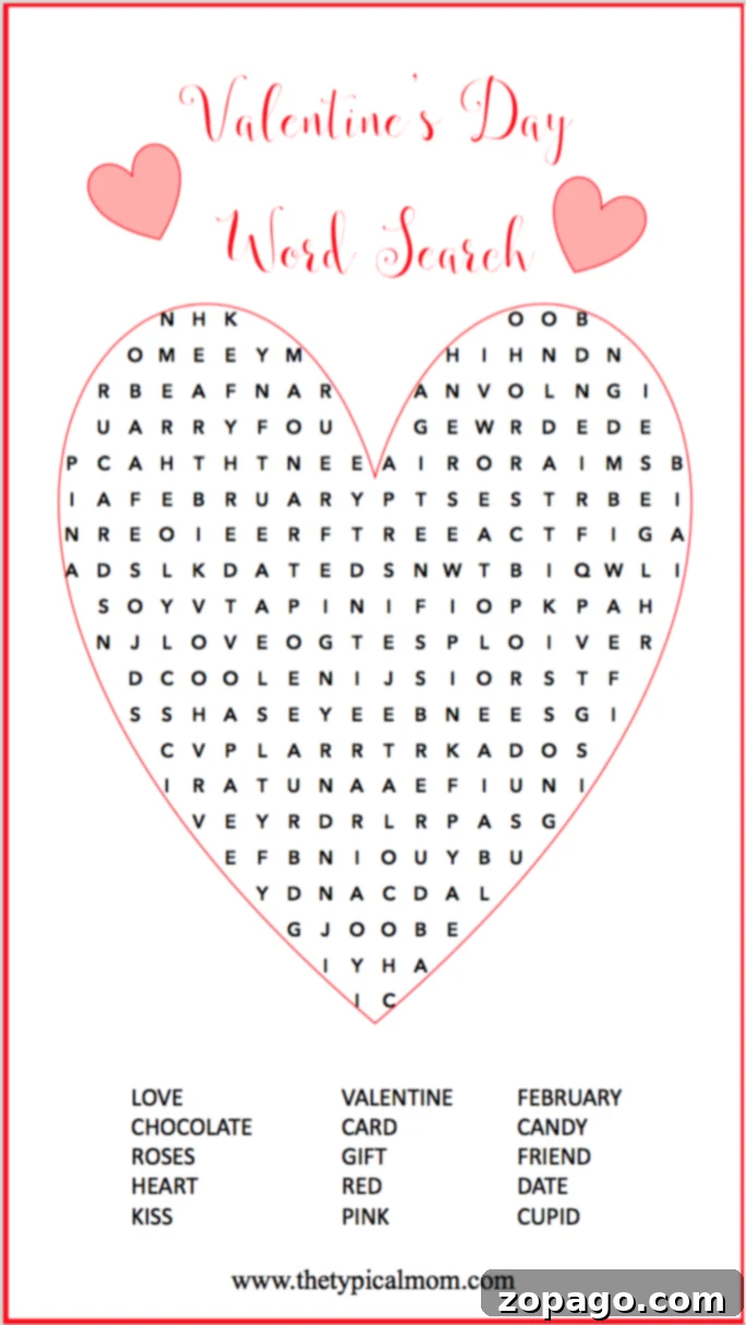 Heart-shaped Valentine's Day word search puzzle. Heart-shaped Valentine's Day word search puzzle with words like 'love,' 'chocolate,' 'roses,' and 'kiss,' perfect for February celebrations.