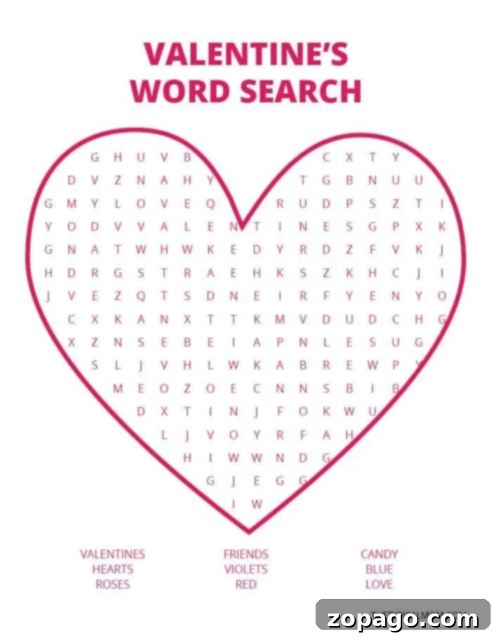 Heart-shaped Valentine word search puzzle with varied themed words. Heart-shaped 'Valentines Word Search' puzzle featuring words like 'Valentines,' 'Hearts,' 'Roses,' 'Friends,' 'Violets,' 'Red,' 'Candy,' 'Blue,' and 'Love,' with the word bank at the bottom.