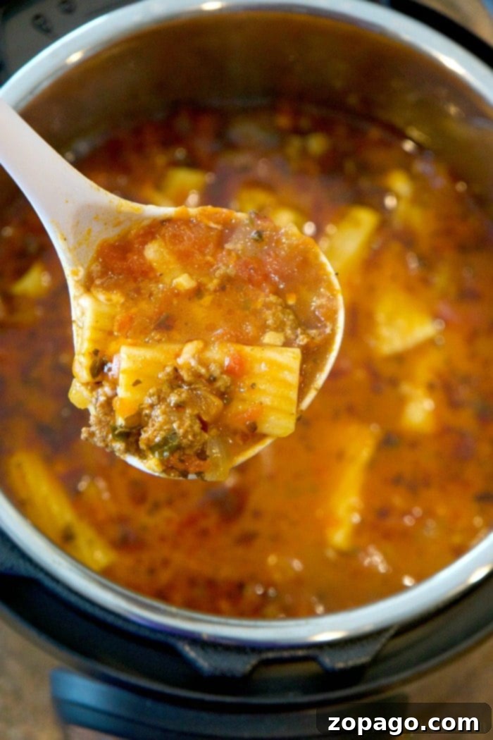 Instant Pot lasagna soup is amazing and healthy!! You can make it in the slow cooker too but in your pressure cooker it's done in just 8 minutes! #lasagnasoup #lasagna #soup #instantpot #pressurecooker #instantpotrecipes #thetypicalmom Instant Pot lasagna soup served in a bowl, showcasing the rich, cheesy, and pasta-filled goodness.