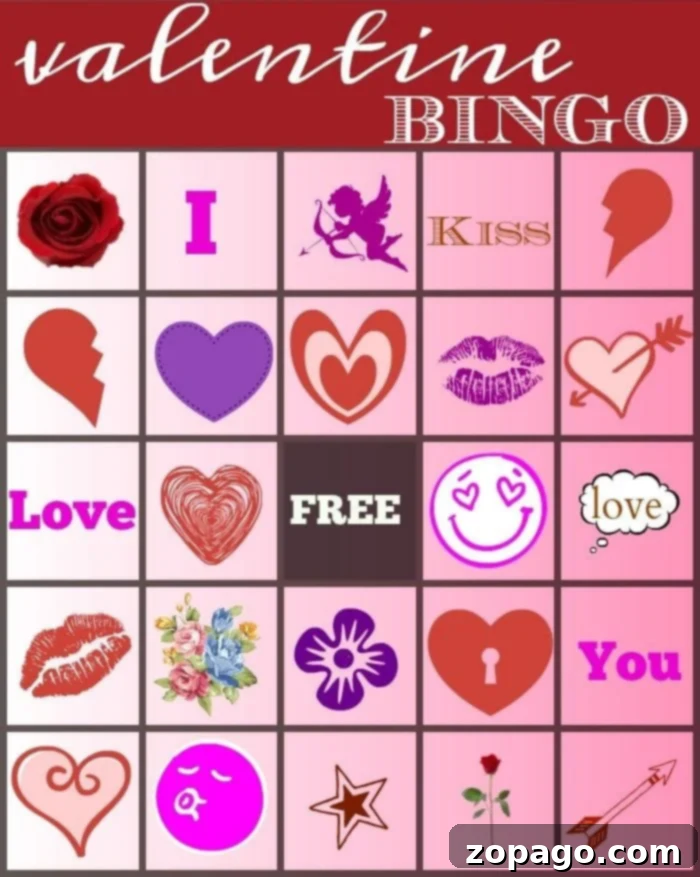 Free Valentine Bingo printable you can use at a party or in the classroom for some holiday school fun. Lots of free Valentine's Day printables that make it easy to throw a party for free! #valentinesdaybingo #bingo #printables #freeprintables #valentinesday Close-up of a Valentine's Day Bingo card with markers