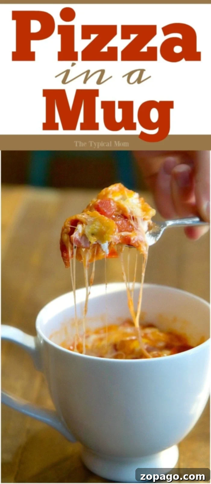 2 minute pizza in a mug! Make it in your microwave and you can have a little personal pizza that's cheesy and filled with your favorite toppings. A great after school snack that kids can make on their own and a fun 'baking' project you can do with little ones. We love easy mug recipes. #pizza #mug #quick #personal #microwave #fast A fork lifts cheesy pizza from a white mug, with 'Pizza in a Mug' emblazoned at the top.