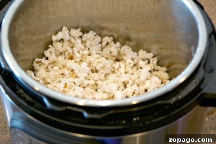 Freshly popped Instant Pot popcorn in a metal pot, ready to be seasoned.
