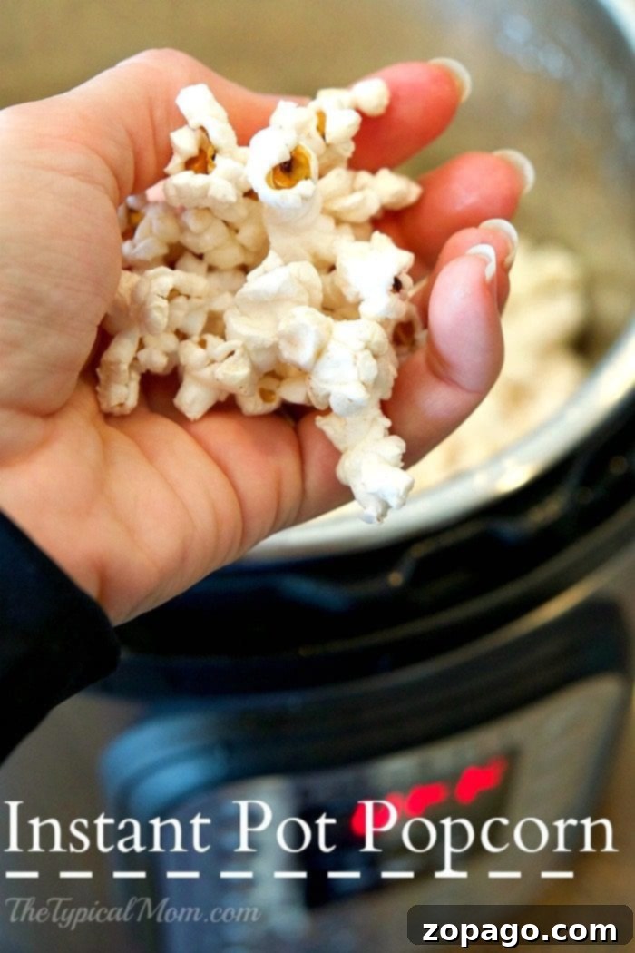 A tall mound of freshly made pressure cooker popcorn in a serving bowl, with a smaller bowl of melted butter and a shaker of salt nearby.