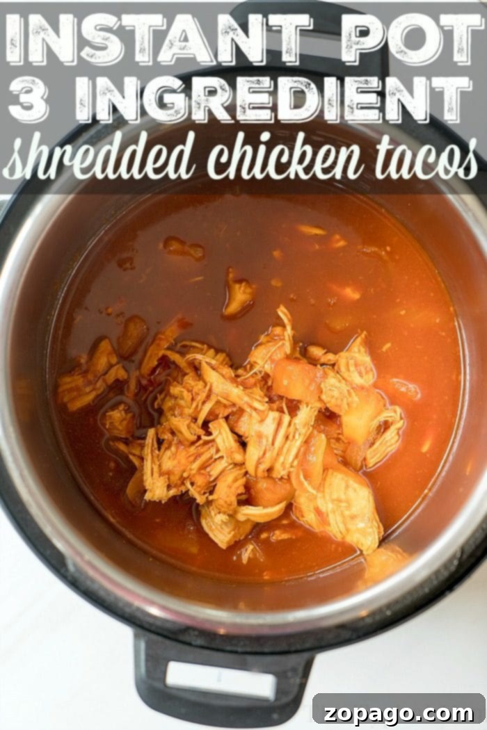 A close-up of a pressure cooker filled with tender Instant Pot shredded chicken swimming in rich barbecue sauce, ready to be served.