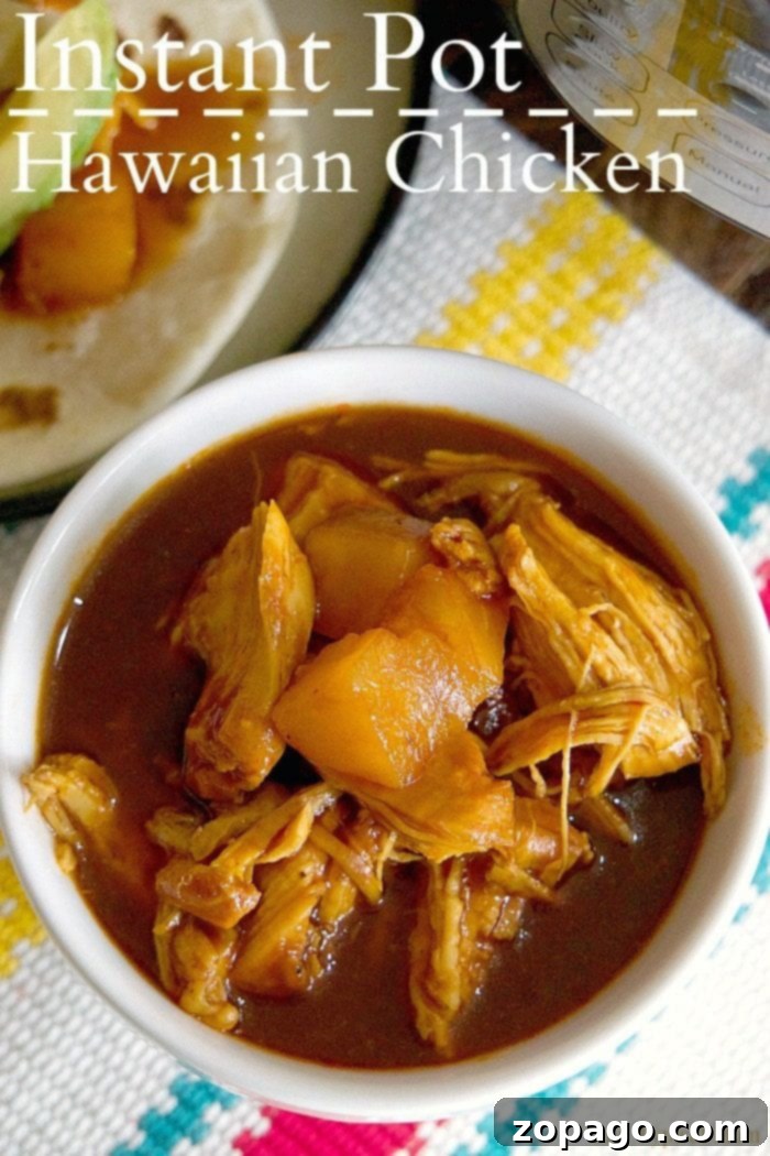 Bowl of Instant Pot shredded Hawaiian chicken with pineapple chunks and a rich sauce, ready to be served.