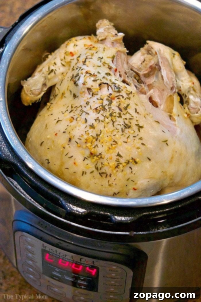 This is the easiest and most tender Instant Pot whole chicken recipe ever! If you're looking to cook an entire chicken in your pressure cooker it's never been easier using these instructions. Placed on edible trivets the whole thing is cooked and ready to eat in just 25 minutes flat. You'll never use your oven again. #instantpot #pressurecooker #whole #chicken #steamed #moist #easy #recipe #instructions #crockpotexpress A whole chicken seasoned with herbs nestles in an Instant Pot, perfectly browned to golden perfection. The digital display proudly showcases the cooking details for this succulent Instant Pot whole chicken.