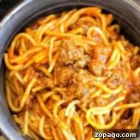 A bowl of Instant Pot spaghetti with ground meat in tomato sauce.