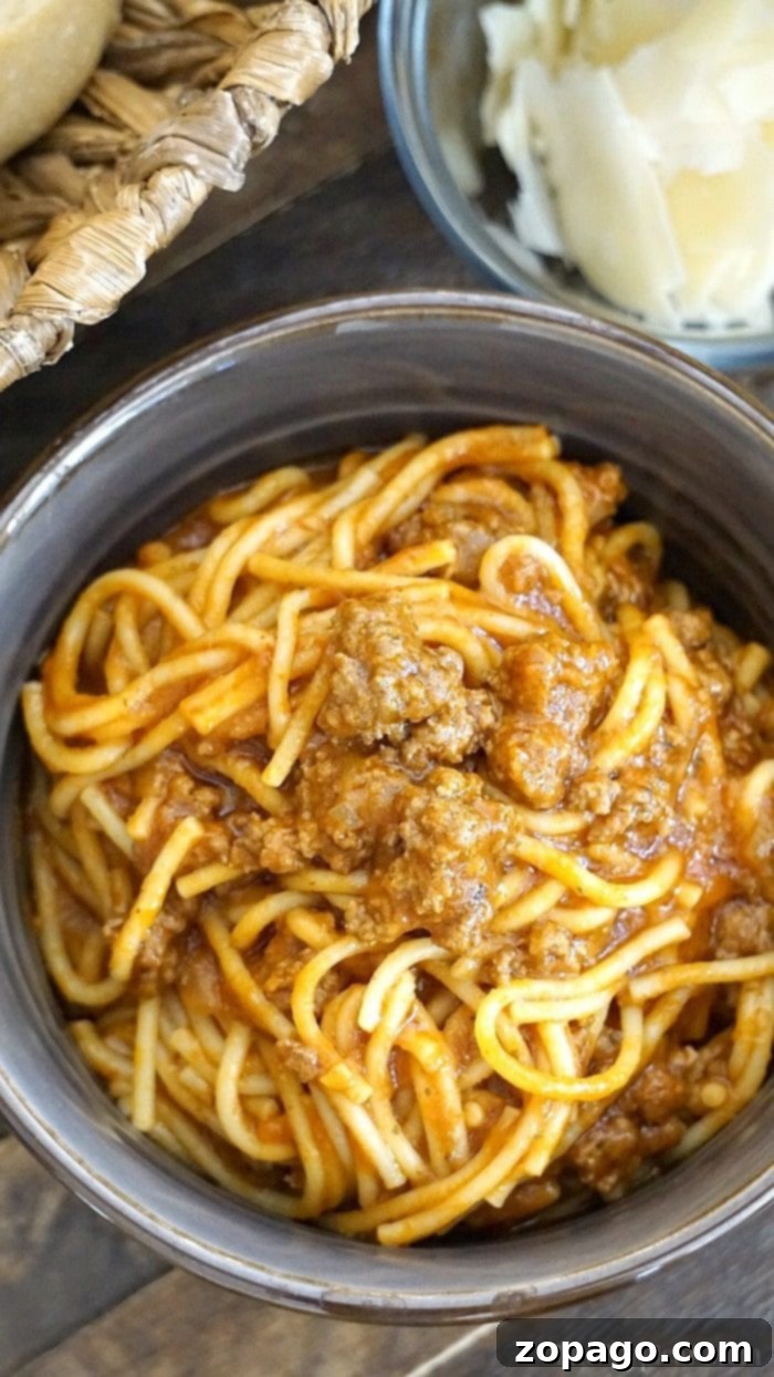 Easy Instant Pot Spaghetti 14 Instant Pot spaghetti with meat sauce, garnished with fresh basil.