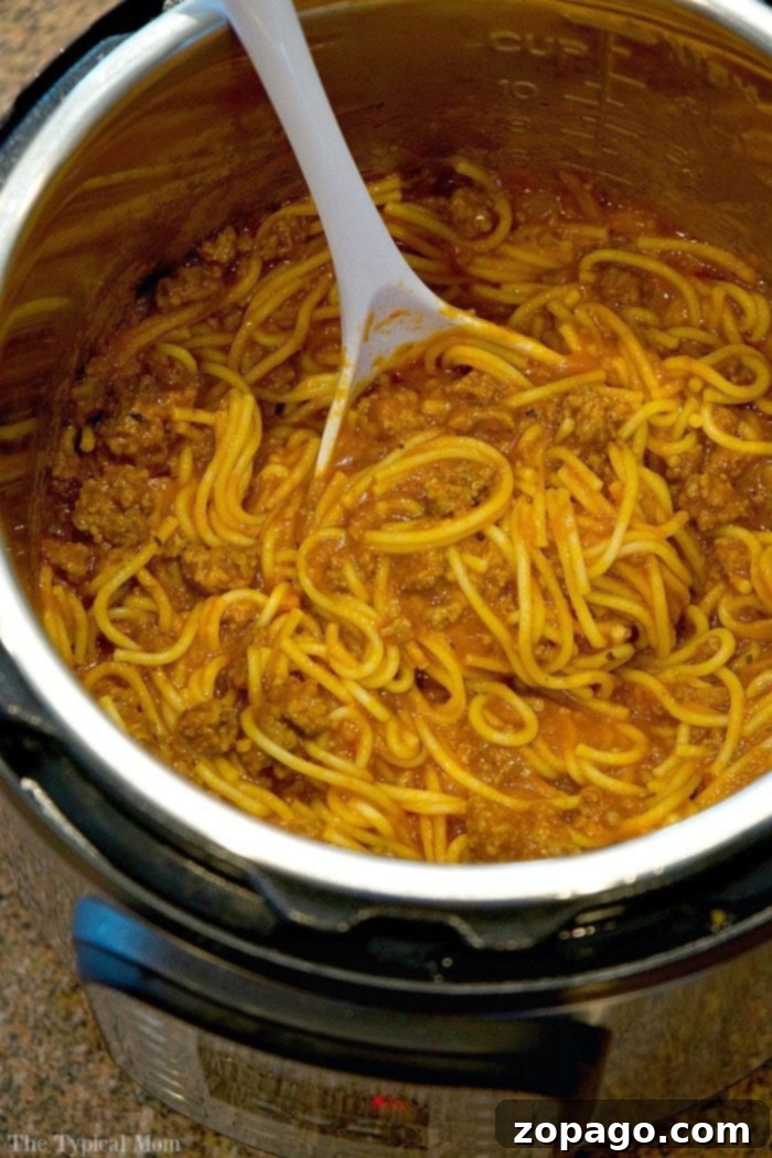 Easy Instant Pot Spaghetti 15 Instapot spaghetti served with a fork, showing tender noodles and sauce.