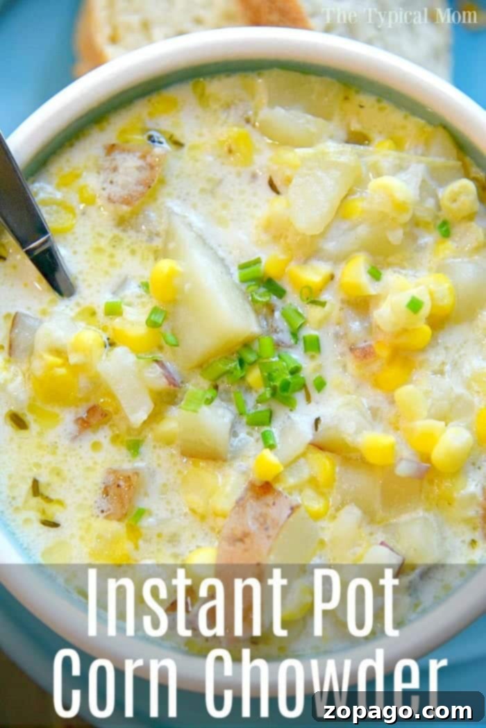Instant Pot potato corn chowder: A quick, creamy, and delightful soup for any time of year. Creamy Instant Pot potato corn chowder with crispy bacon bits and a swirl of cream, ready to be served for a quick family dinner.