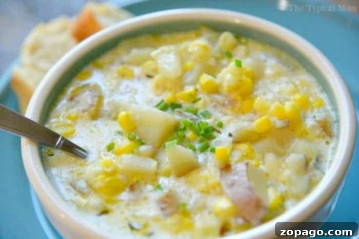 This easy Instant Pot potato corn chowder recipe is amazing and quick. Instant Pot potato corn chowder served in a rustic bowl with a side of crusty bread, perfect for a cozy meal.